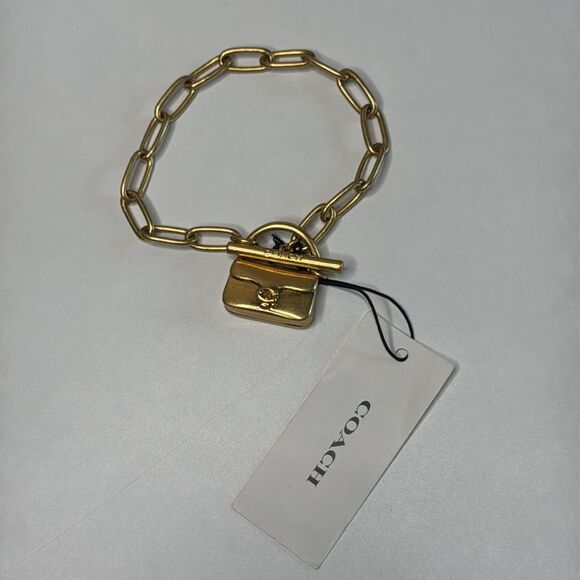Coach Tabby Mini Handbag Charm Paperclip Chain Link Toggle Golden Bracelet NEW - Picture 5 of 5
